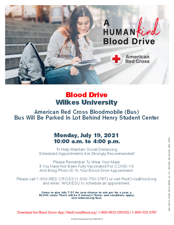 flyer for the red cross blood drive in the henry student center parking lot on monday, july 19 from 10 a.m. to 4 p.m.