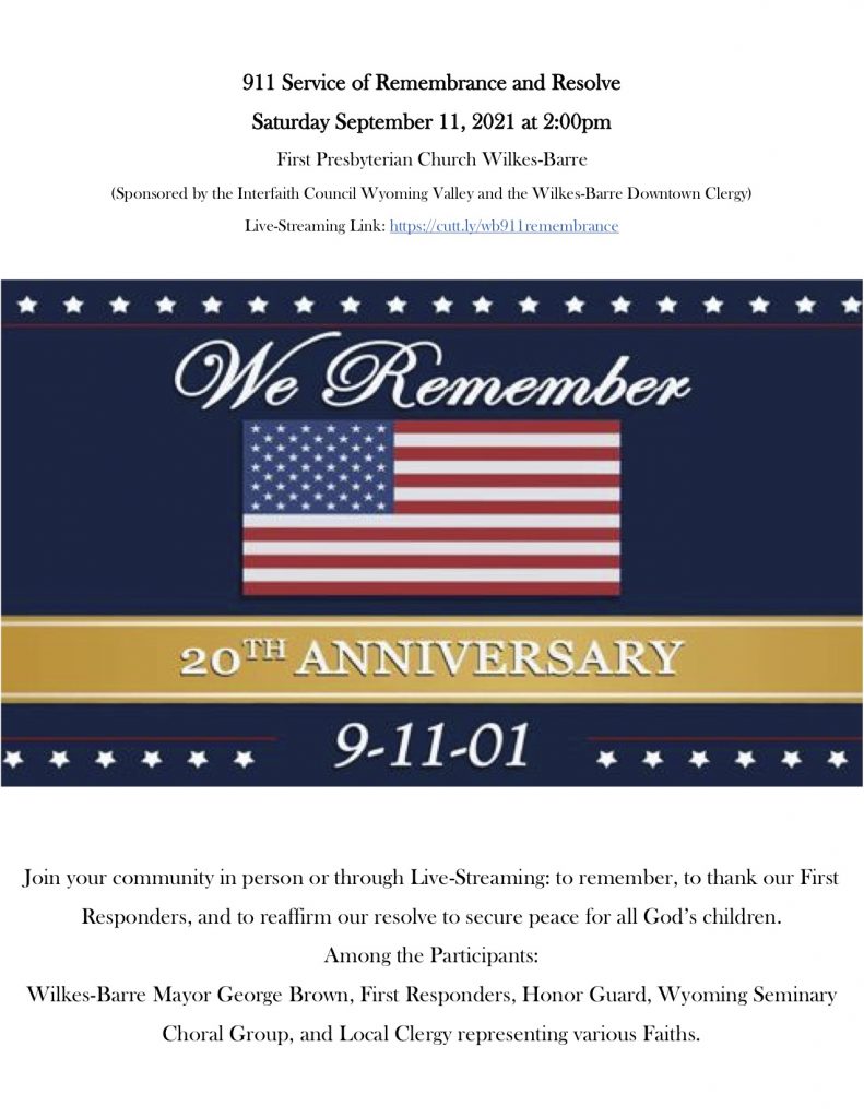 graphic featuring an American flag for the 9/11 service of remembrance and resolve scheduled for 2 p.m. on saturday, sept. 11