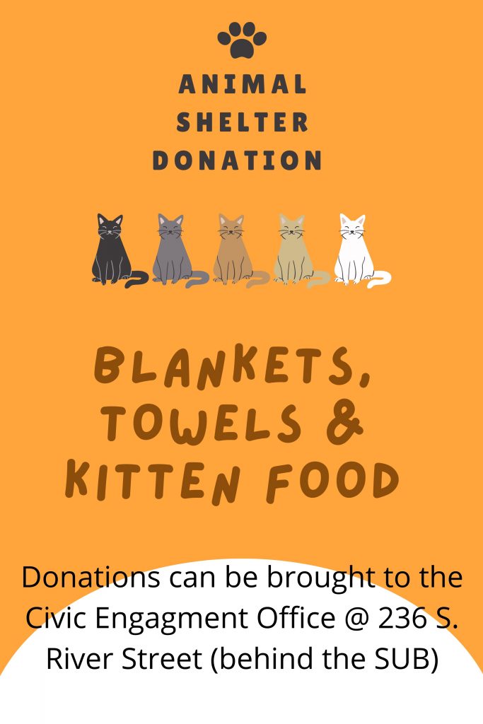 orange poster with cartoon pictures of black, gray, brown, tan and white cats asking for donations of towels, blankets and kitten food to be donated in the Civic Engagement Office