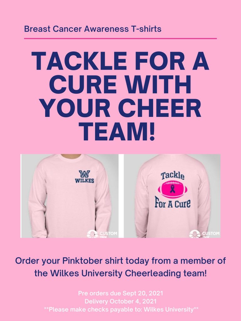 pink poster with a picture of a long-sleeved pink t-shirt reading tackle for a cure on the back with a bright pink football and a wilkes W on the front