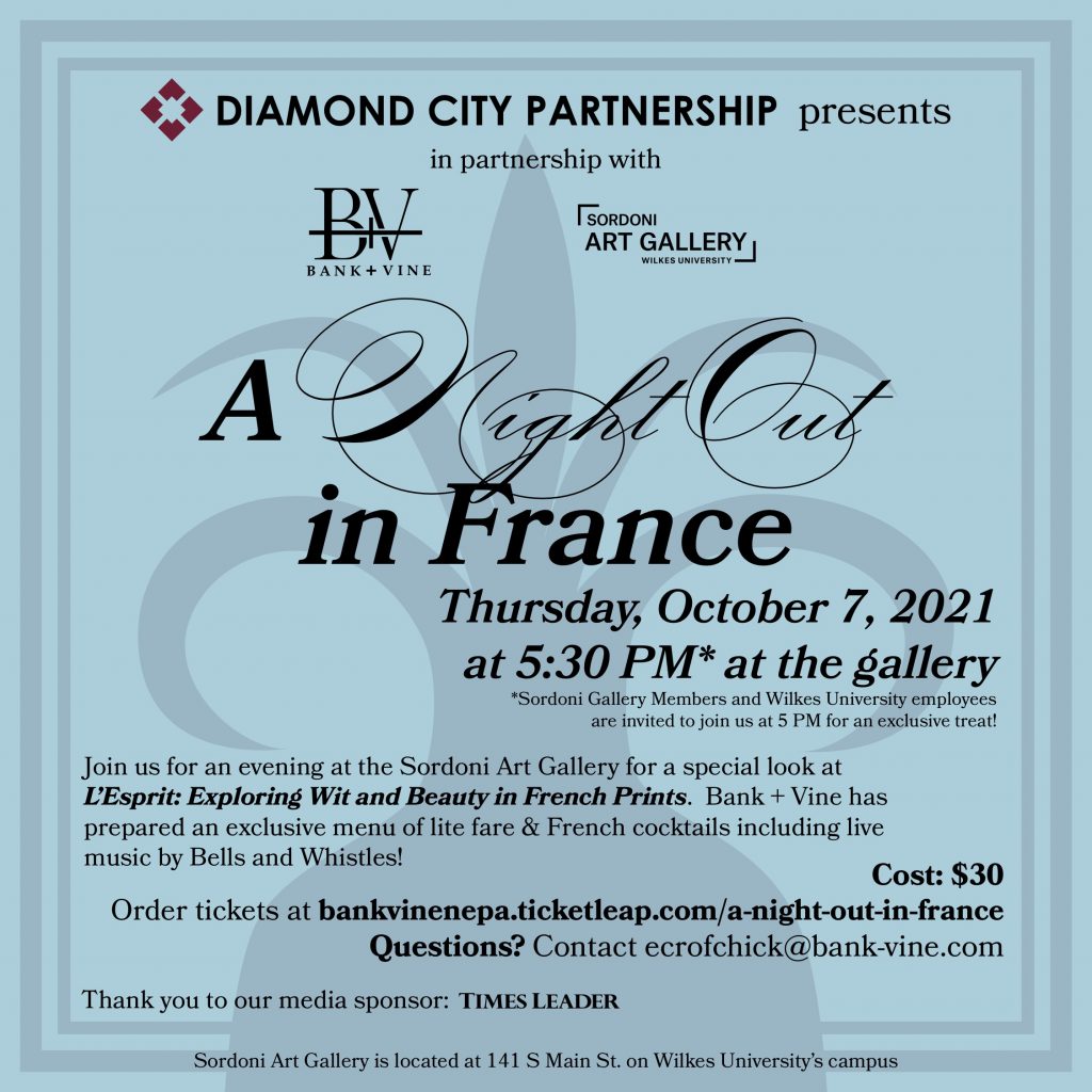 poster for a night out in france on oct. 7 - contact the sordoni art gallery for more info