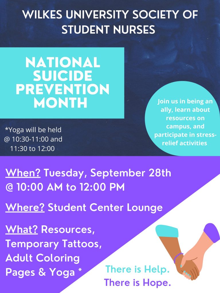 poster on the society of student nurses suicide awareness event scheduled for 10 a.m. to noon on tuesday, sept. 28