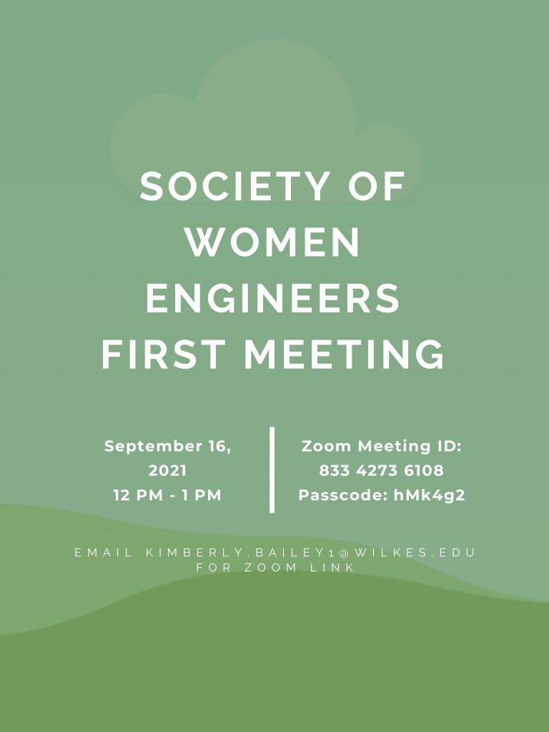 poster with white text on sage green background advertising the swe meeting via zoom at noon on thursday, sept. 16