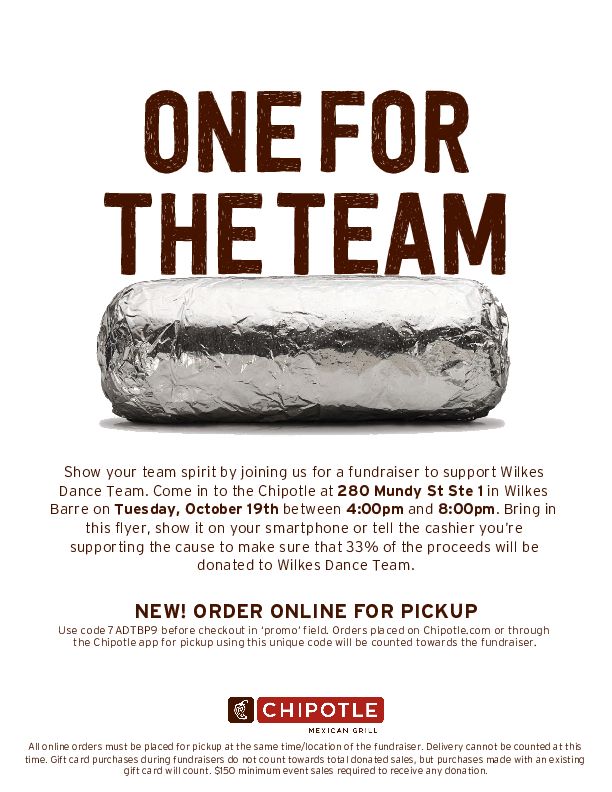 chipotle flyer for dance team fundraiser on tuesday, oct. 19 from 4 to 8 p.m. at the chipotle on mundy street