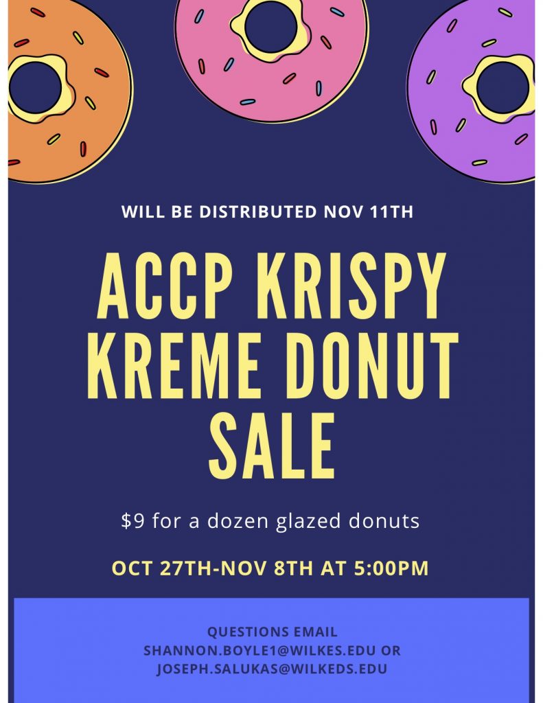 accp krispy kreme donut sale poster featuring three cartoon donuts with sprinkles