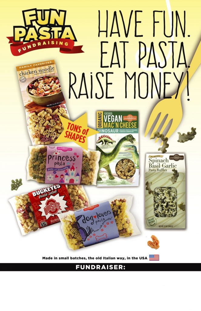 pasta fundraiser poster that says have fun, eat pasta, raise money