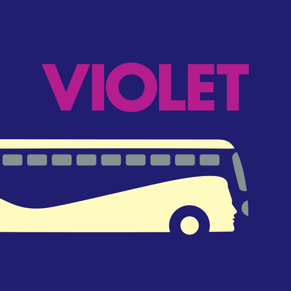 purple graphic for violet: the musical featuring a bus with the outline of a woman's face