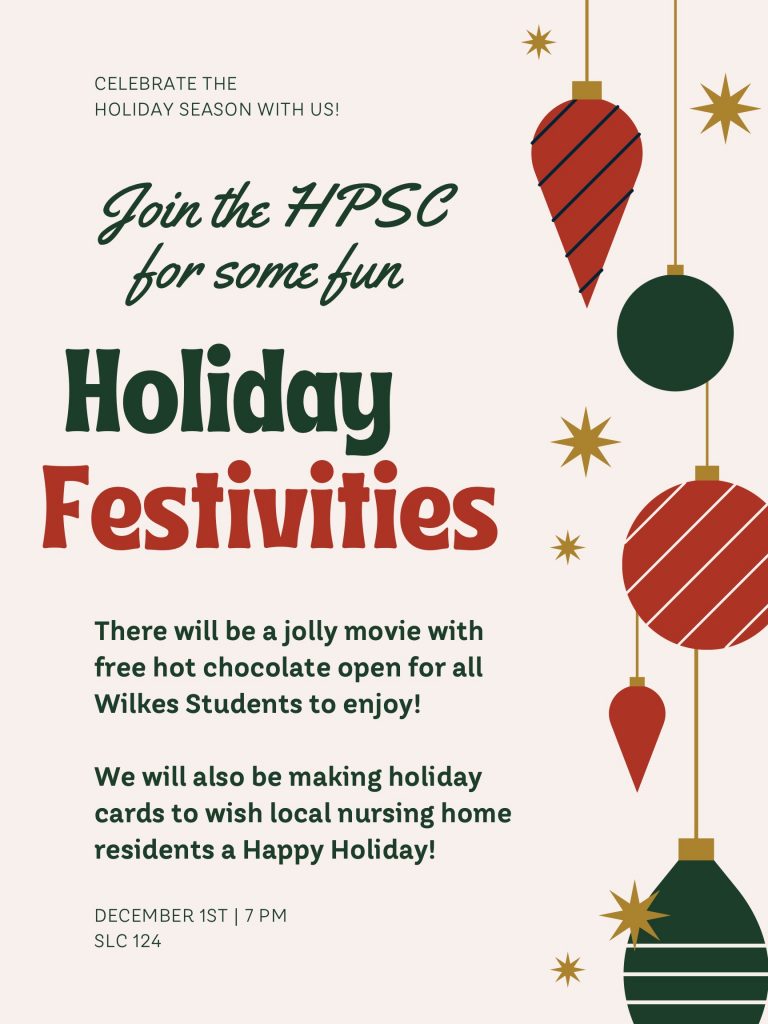 poster featuring christmas ornaments for the HPSC holiday event at 7 p.m. on dec. 1