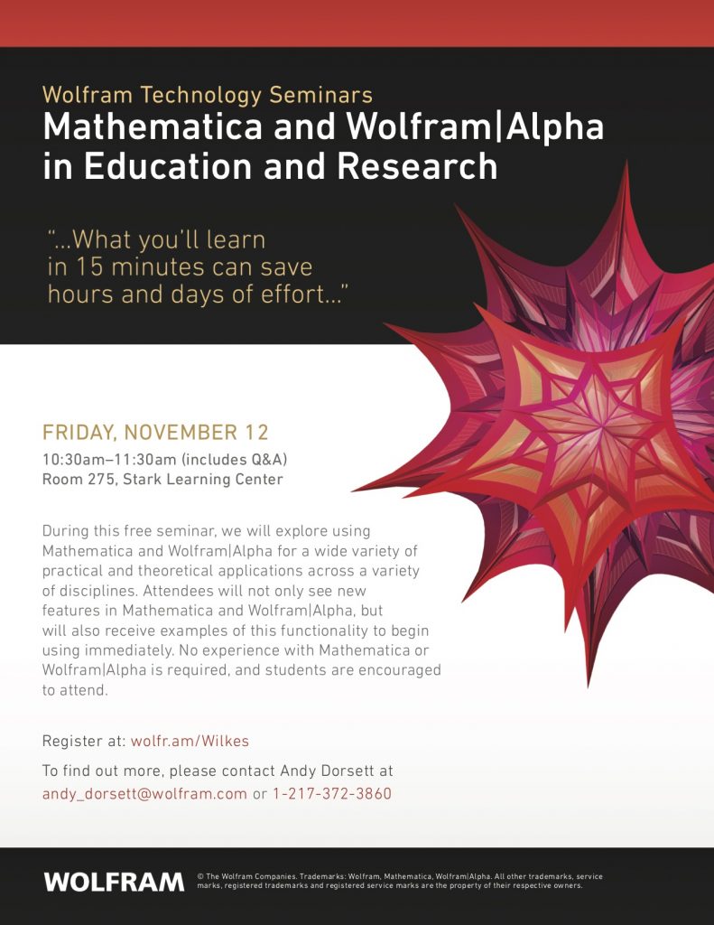 poster for mathematica seminar at 10:30 a.m. on friday, nov. 12, in slc 275

email nicole.stapleton@wilkes.edu