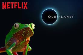 graphic for our planet featuring a solar eclipse, frog and the netflix logo