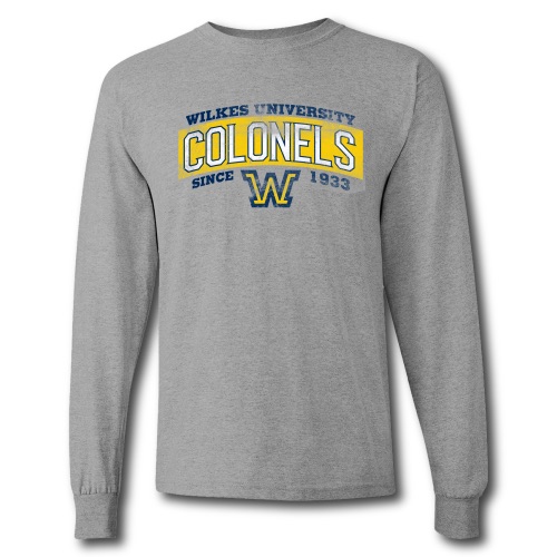 gray long-sleeved t-shirt that says wilkes university colonels since 1933 with the flying W