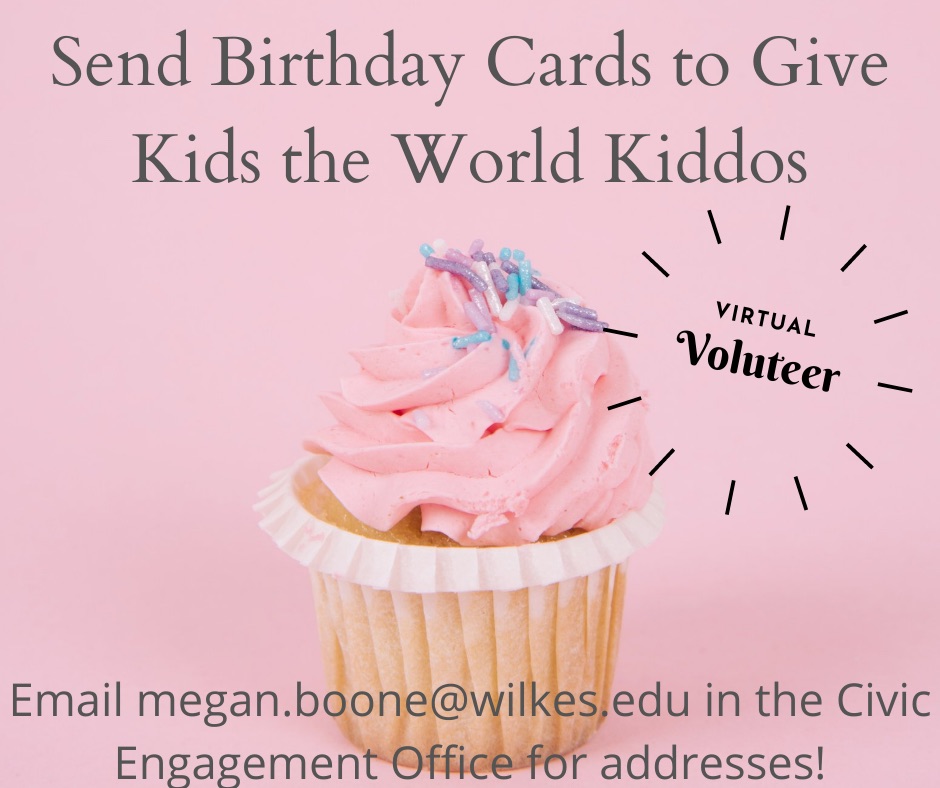 pink cupcake graphic with info on sending birthday cards to Give Kids the World