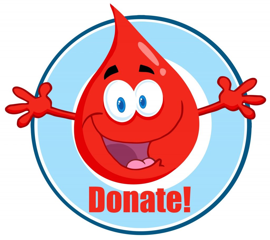 cartoon blood drop that says "Donate!"