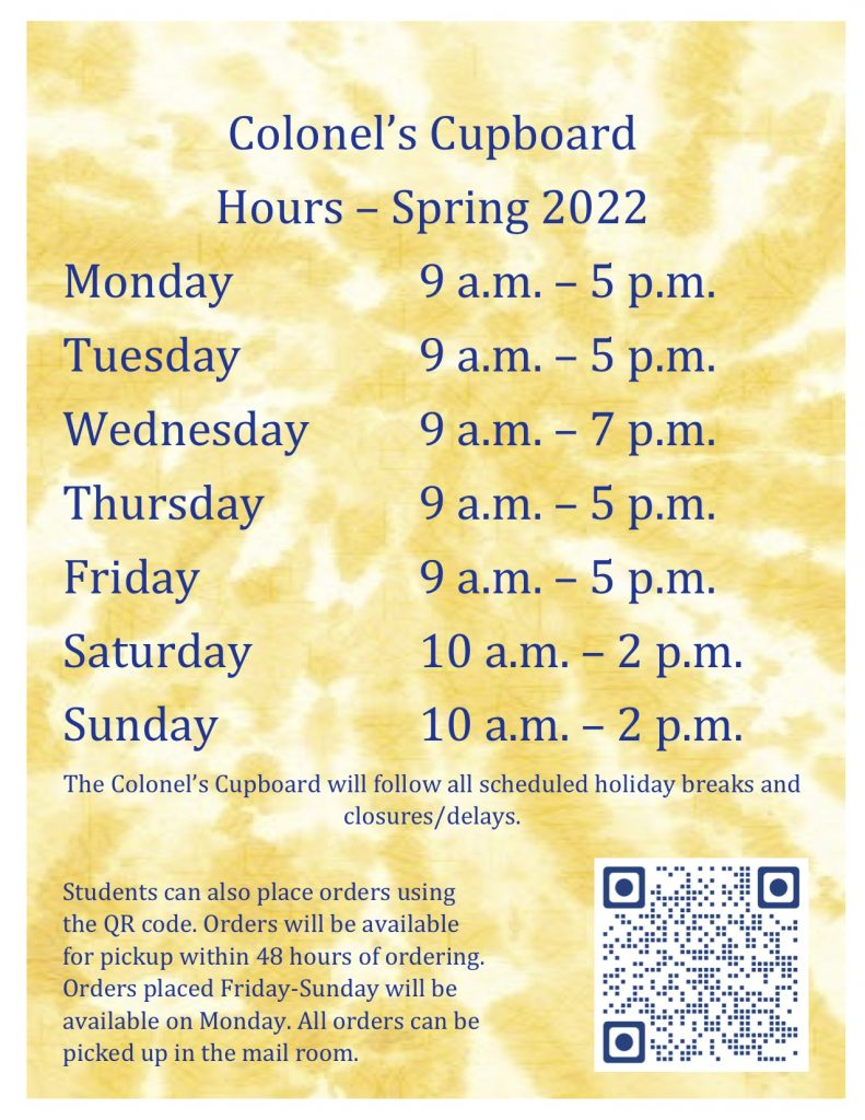 Colonel's Cupboard will be open Monday, Tuesday, Thursday and Friday from 9 a.m. to 5 p.m. Wednesday from 9 a.m. to 7 p.m. and Saturday and Sunday from 10 a.m. to 2 p.m.

The Colonel's Cupboard follows all scheduled holiday breaks as well as University closures and delays