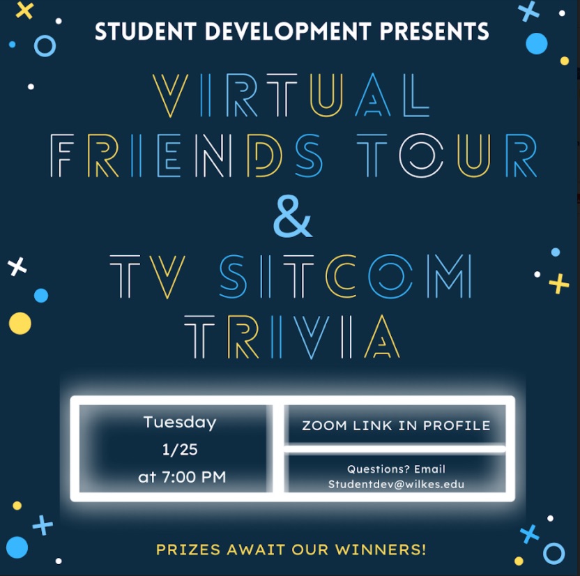 graphic for virtual friends tour and sitcom trivia on jan. 25 from 7 to 9 p.m. via zoom