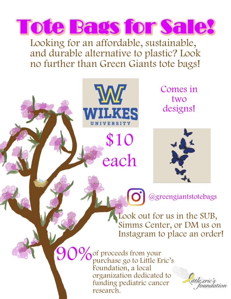 tote bag sale

Two options: Wilkes W or butterflies

watch for the Green Giants tote bag team in the Henry Student Center or Simms Center

Contact @greengiantstotebags on Instagram for more info