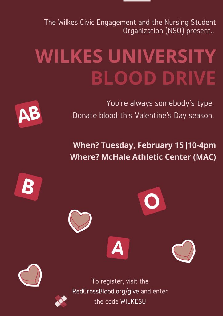 poster for blood drive on feb. 15 from 10 a.m. to 4 p.m. in the McHale Athletic Center
