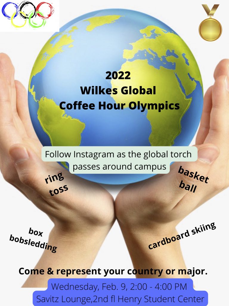 graphic with hands holding the world and featuring olympic rings and a gold medal