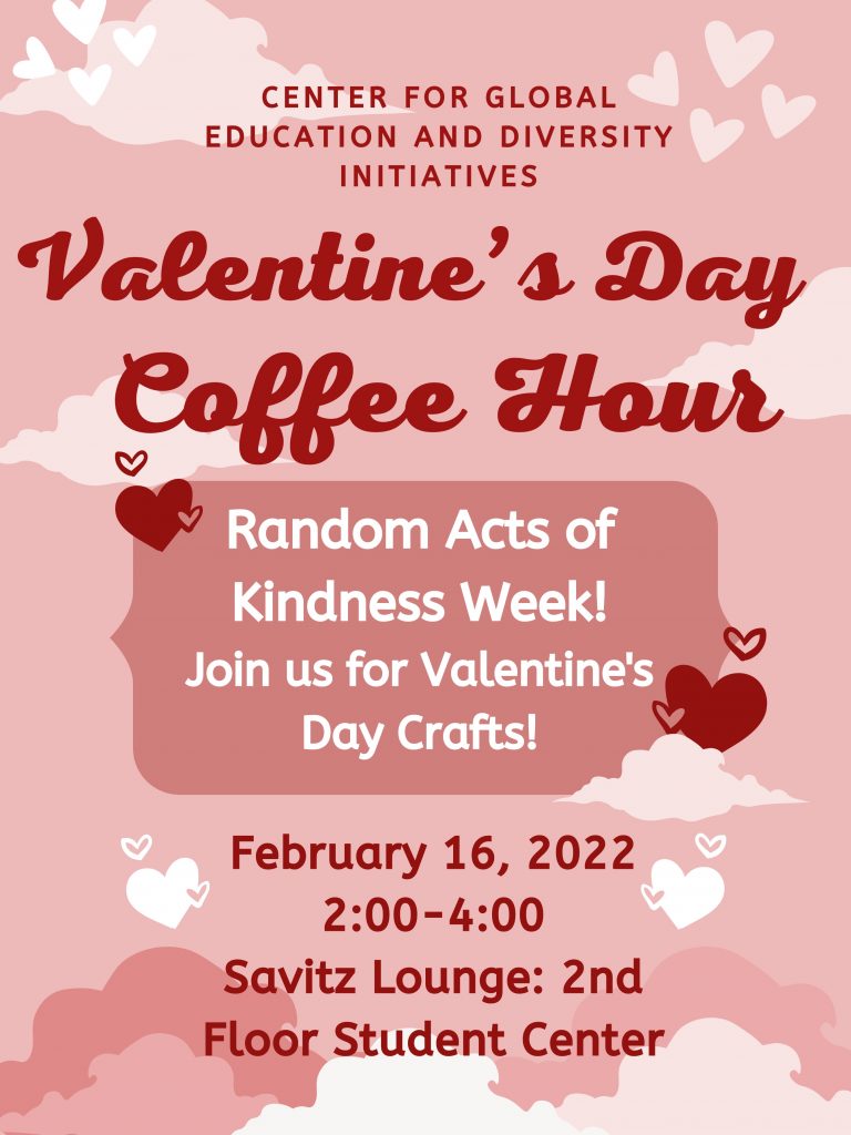 poster with hearts and clouds featuring info on global coffee hour for feb. 16