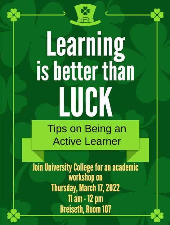 poster featuring shamrocks and irish top hat for academic workshop on thursday, march 17 at 11 a.m. in breiseth 107