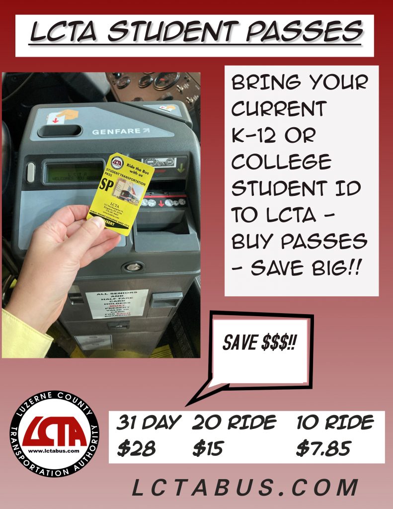 lcta bus pass graphic

student discounts:
31 days - $28
20 rides - $15
10 rides - $7.85

go to lctabus.com for more info
