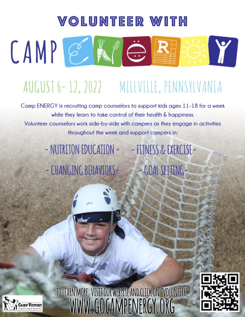 graphic seeking camp counselors for camp energy featuring a boy on a ropes course