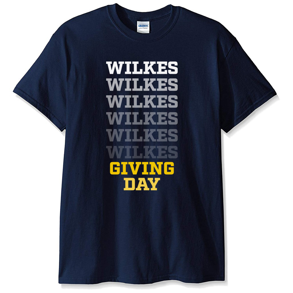 navy blue t-shirt reading wilkes giving day