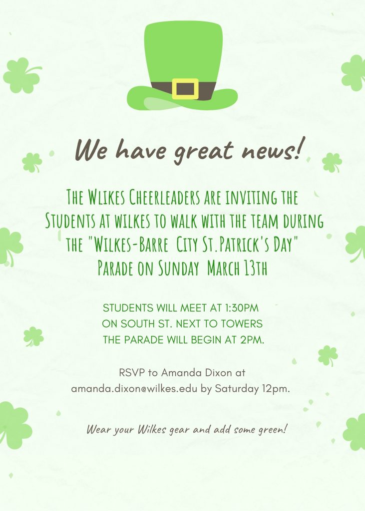 poster featuring green top hat and shamrocks requesting students to join the cheerleaders for the St. Patrick's Day parade at 1:30 on Sunday, March 13