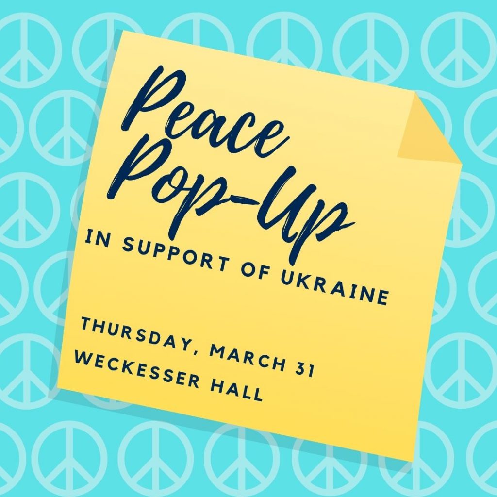 peace pop-up graphic featuring a light blue background with peace signs and a yellow post-it note
