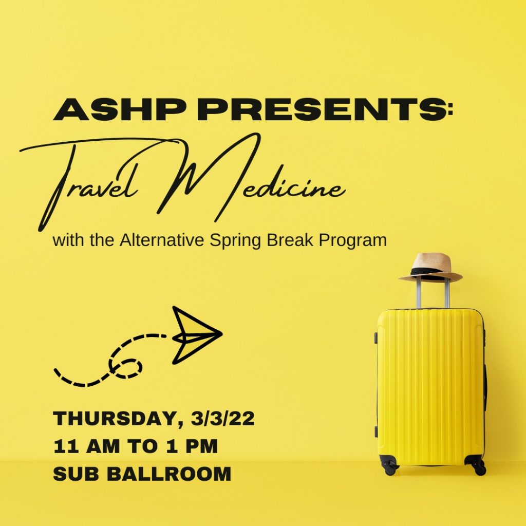 graphic featuring suitcase and hat for travel medicine presentation from 11 a.m. to 1 p.m. on thursday, March 3 in the Henry Student Center Ballroom