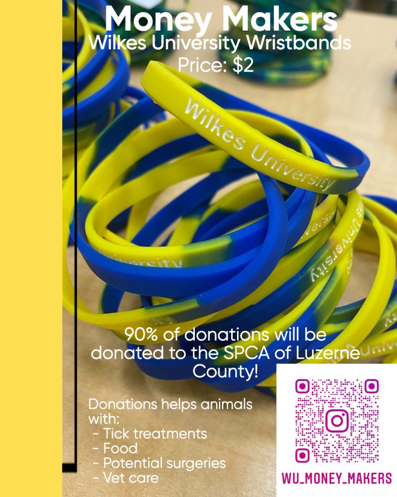 buy a blue and gold wilkes university wristband from BA 152's Team Money Makers for $2

90% of the proceeds will go to the SPCA