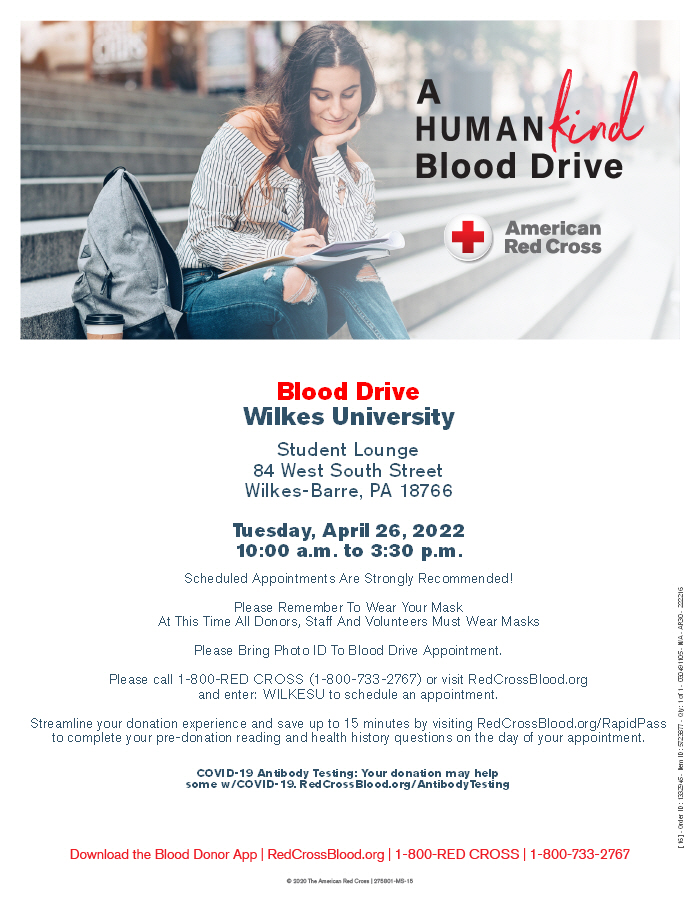 poster for american red cross blood drive featuring woman sitting on the steps and writing in a notebook

blood drive is tuesday, april 26 from 10 a.m. to 3:30 p.m. in the henry student center