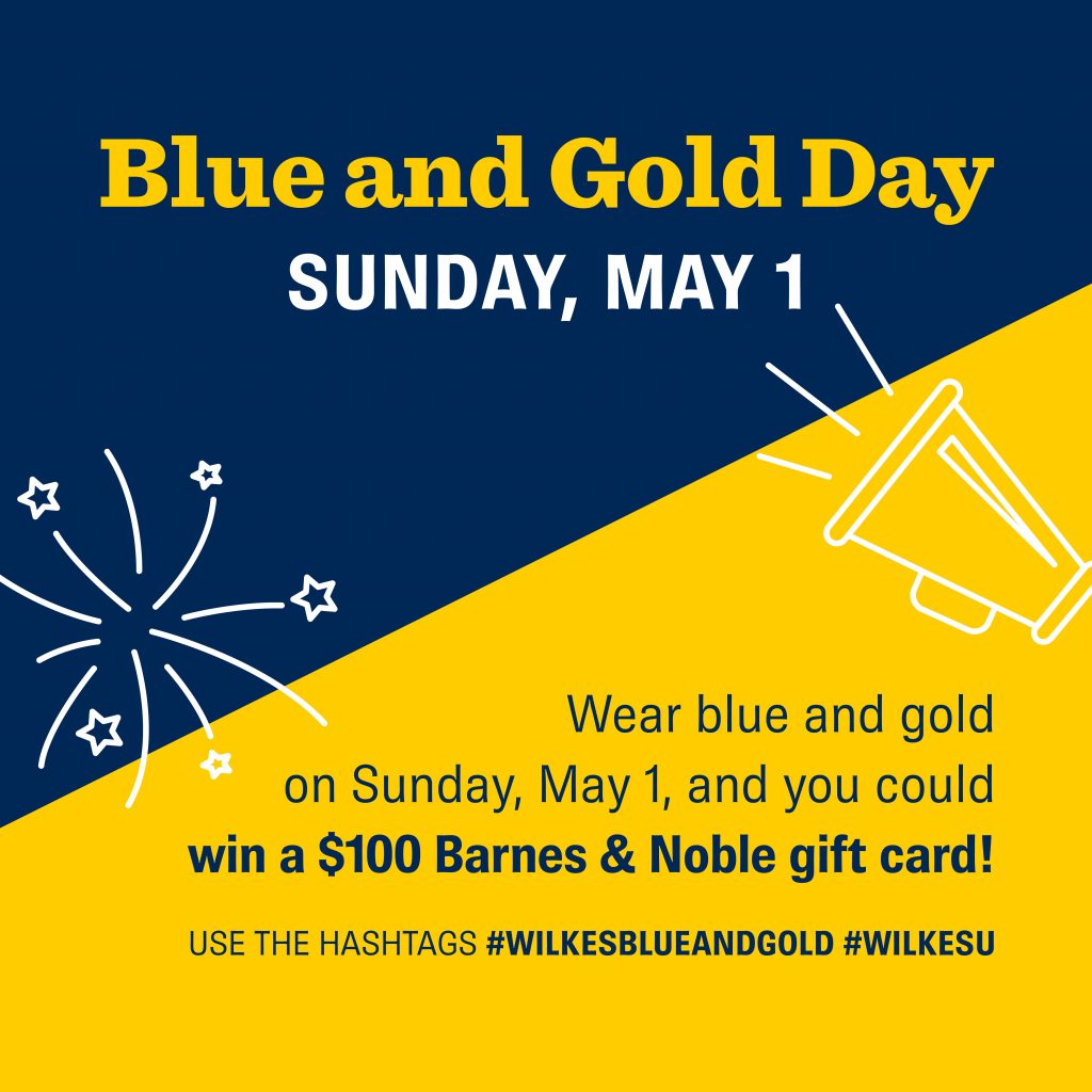 blue and gold day graphic featuring a megaphone and stars encouraging students to wear blue and gold on may 1 and post photos to social media