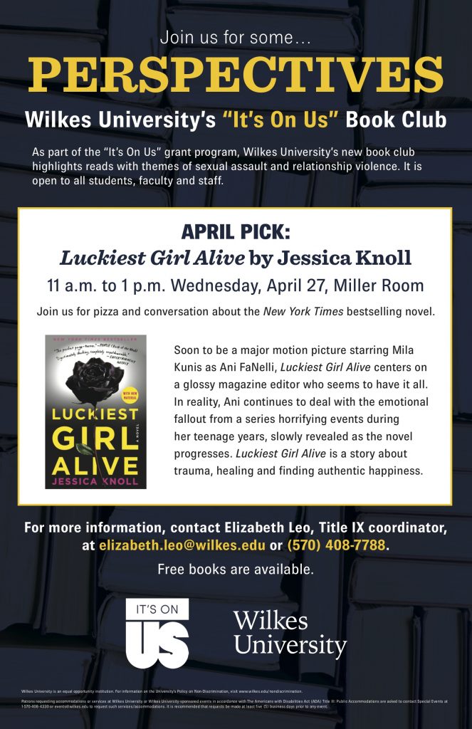 It's On Us book club
11 a.m. to 1 p.m.
Wednesday, April 27
Miller Room, second floor of the Henry Student Center