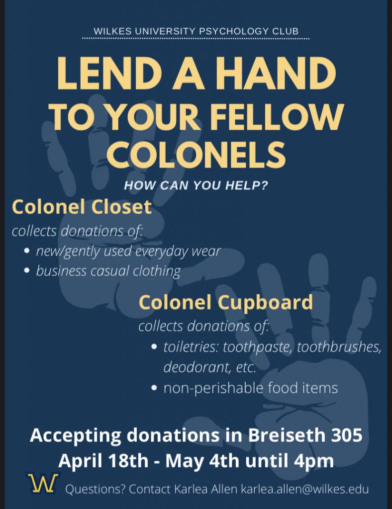 lend a hand to your fellow colonels graphic featuring handprints and info about donations needed by colonel's closet and colonel's cupboard