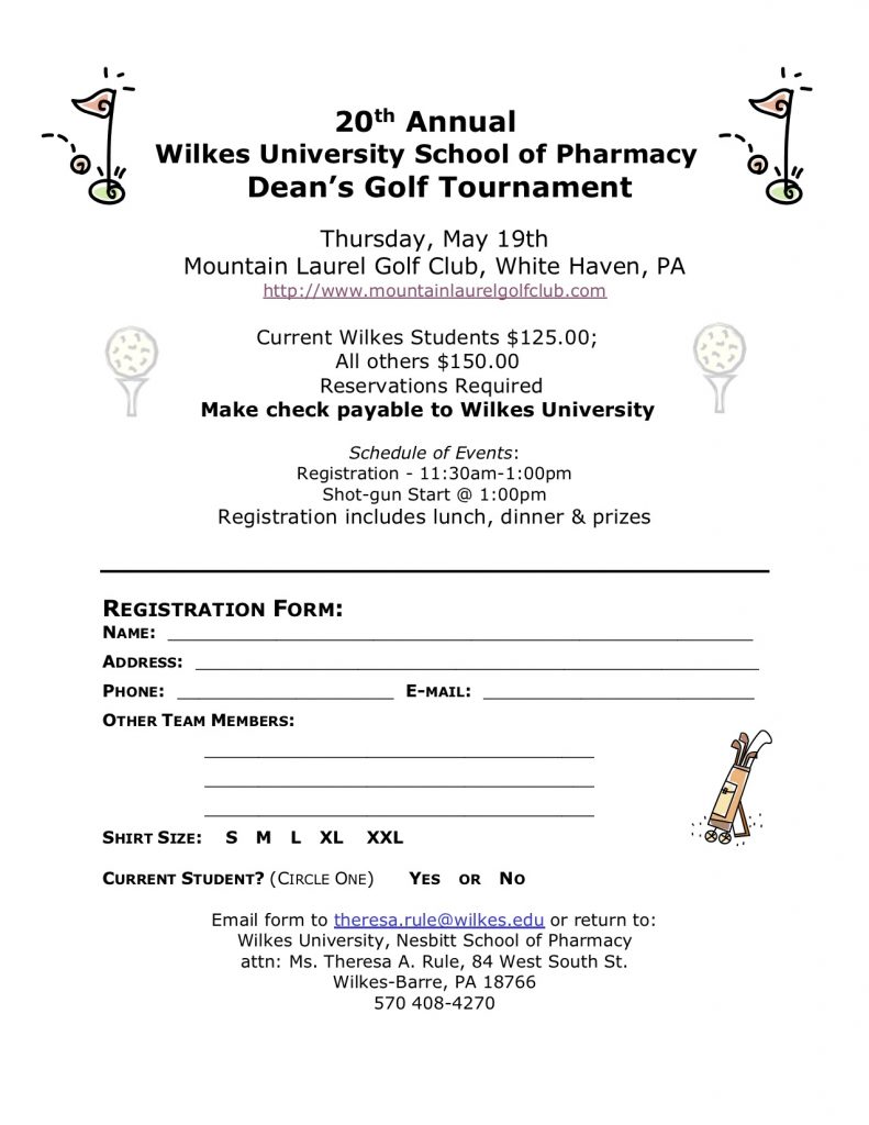 golf tournament
thursday, may 19
wilkes students - $125
everyone else - $150
registration starts at 11:30 a.m. and includes lunch, dinner and prizes
contact theresa.rule@wilkes.edu
