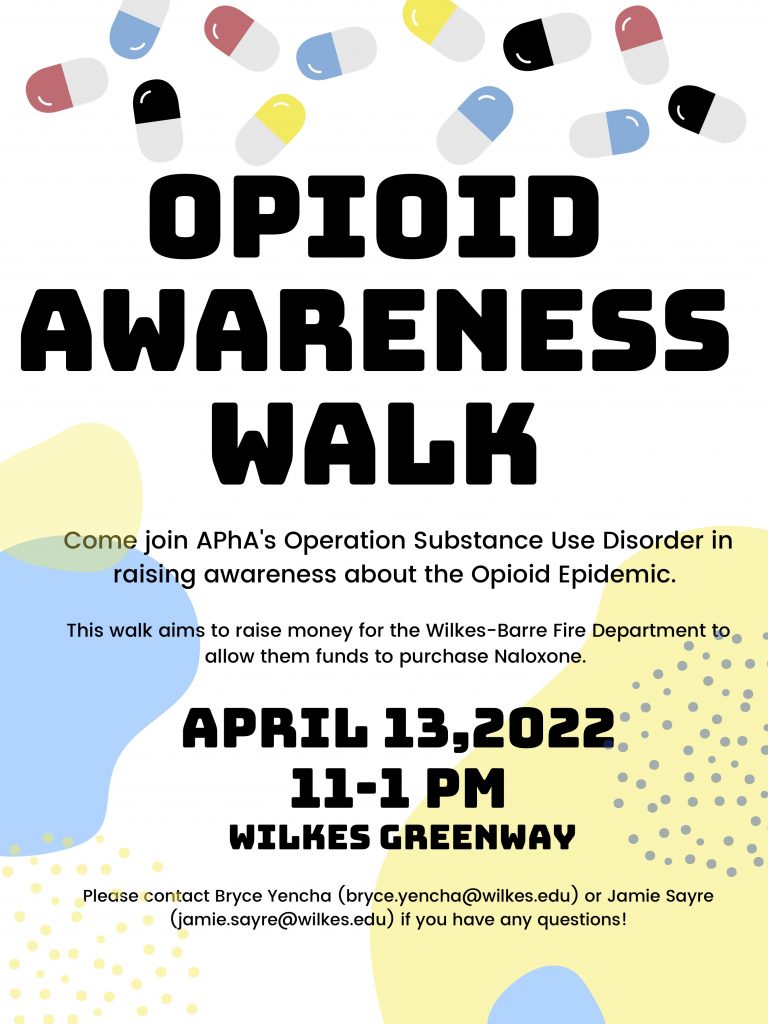 poster for the opioid awareness walk featuring multi-colored pill capsules