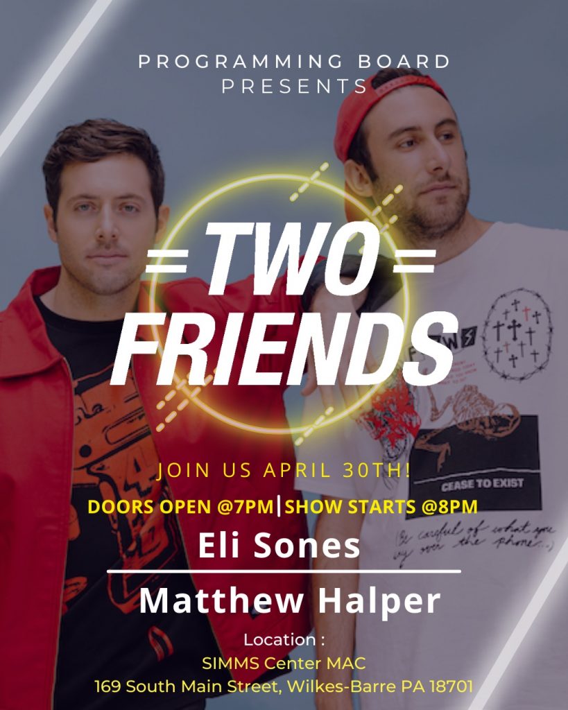 poster featuring a picture of two friends for the show on april 30
