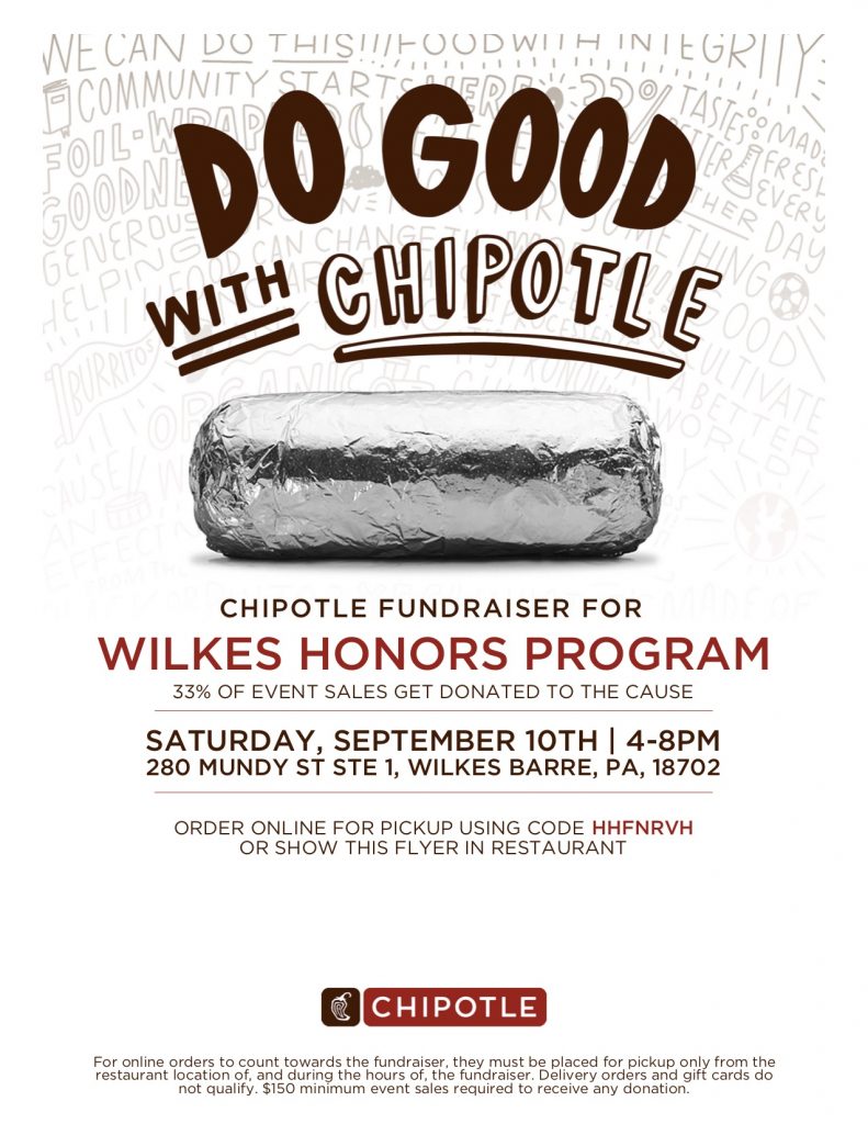 flyer for chipotle fundraiser on sept. 10 from 4 to 8 featuring a picture of a burrito wrapped in foil and the phrase "do good with chipotle"