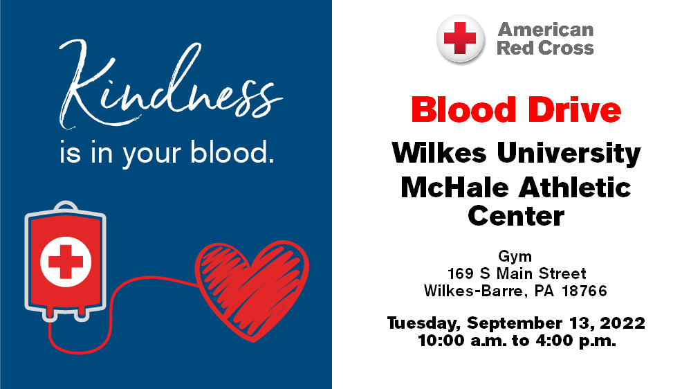 flyer for blood drive featuring the phrase "Kindness is in your blood" with a graphic of a heart and blood bag