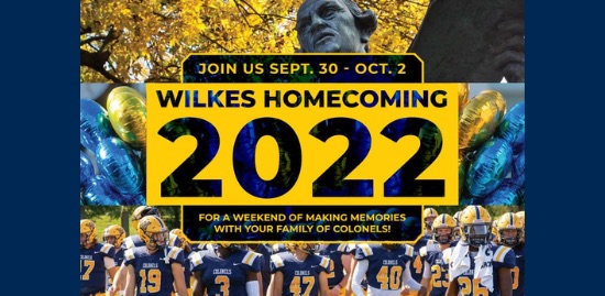 homecoming graphic featuring the john wilkes statue, balloons and football players
