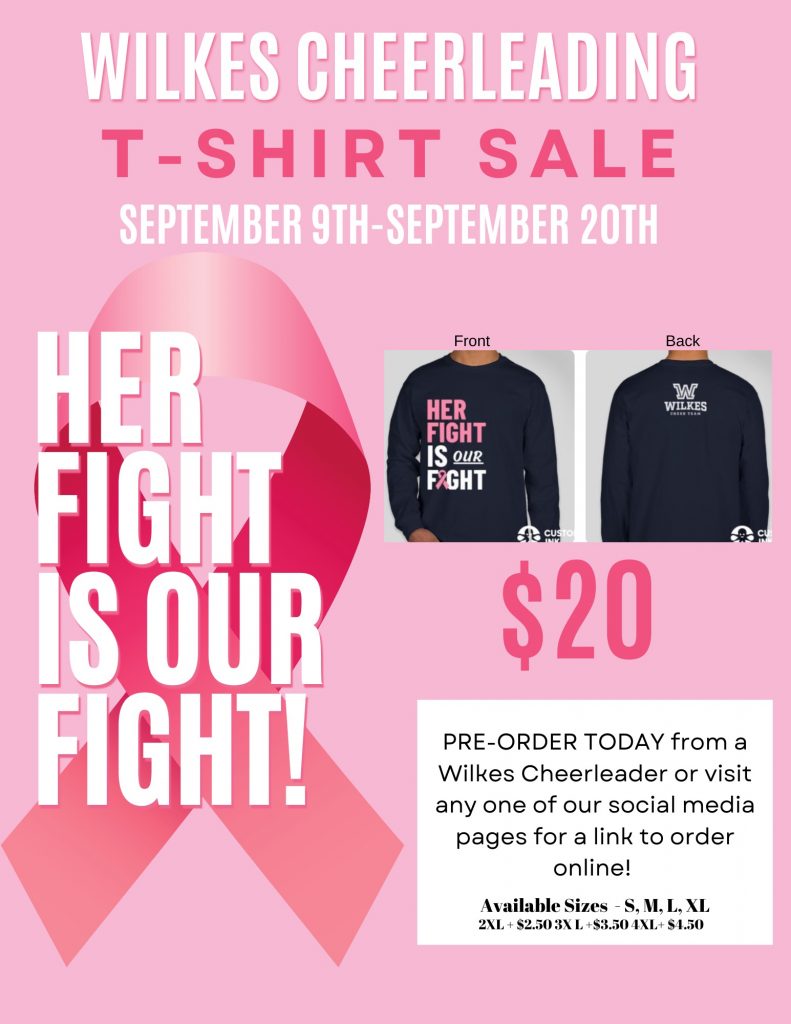 t-shirt sale graphic featuring the pink breast cancer awareness ribbon and t-shirts reading "her fight is our fight"