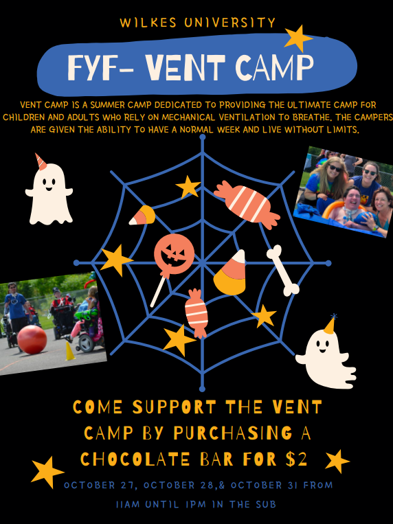 poster featuring ghosts, pumpkins and halloween candy in a spider web plus pictures of campers from vent camp