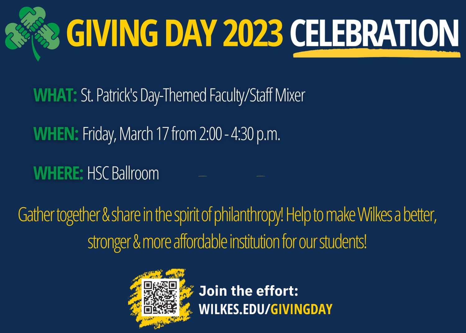 Giving Day flyer 
St. Patrick's Day faculty/staff mixer from 2-4:30 p.m. in the Ballroom on Friday, March 17