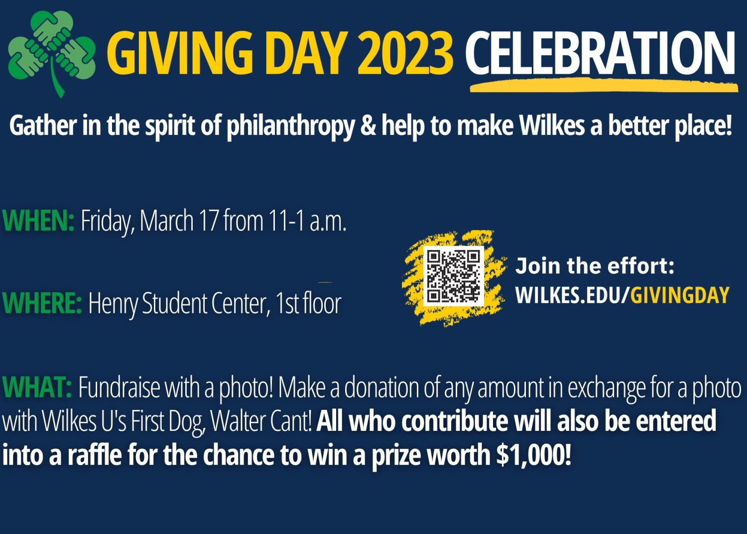 Giving Day event
11 a.m. to 1 p.m. on Friday, March 17 on the first floor of the Henry Student Center