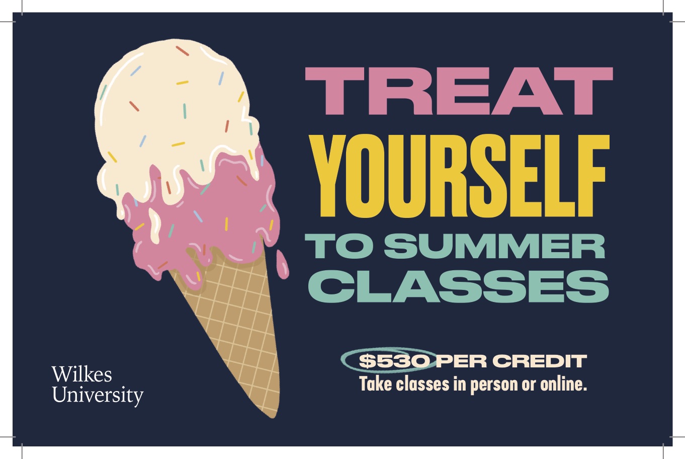 Summer graphic featuring an ice cream cone and the text "Treat Yourself to Summer Classes"