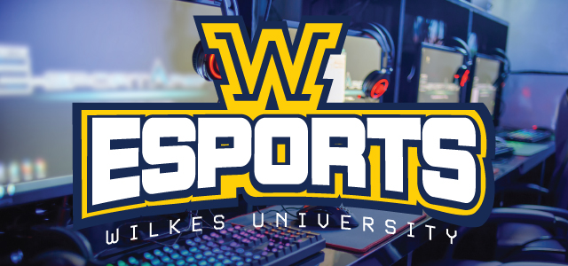 esports header featuring the Wilkes W over the word esports against a background of gaming computers