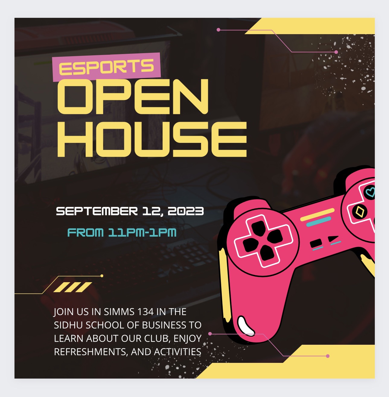 flyer featuring pink videogame controller on a black background