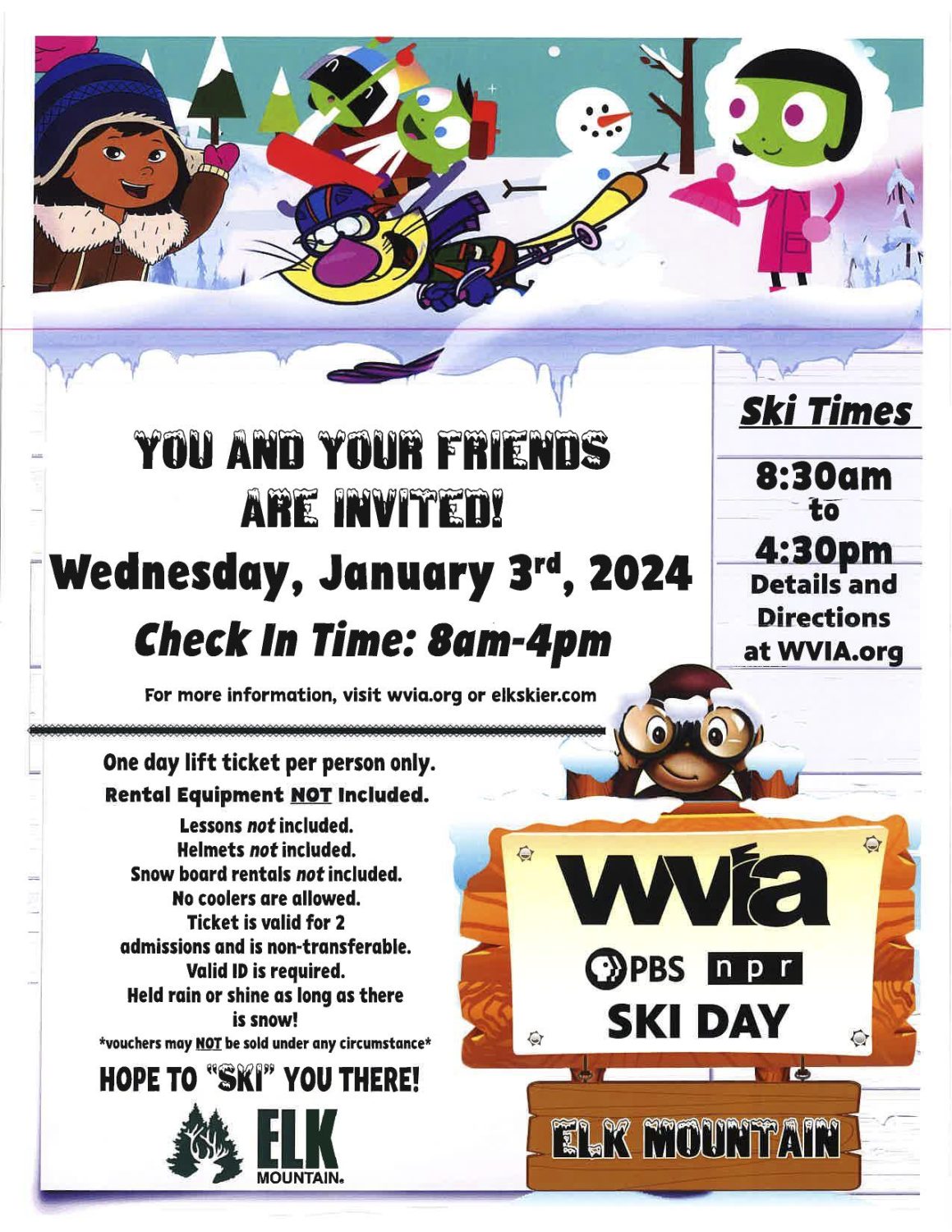 ski day flyer for wednesday, jan. 3 featuring PBS cartoon characters skiing